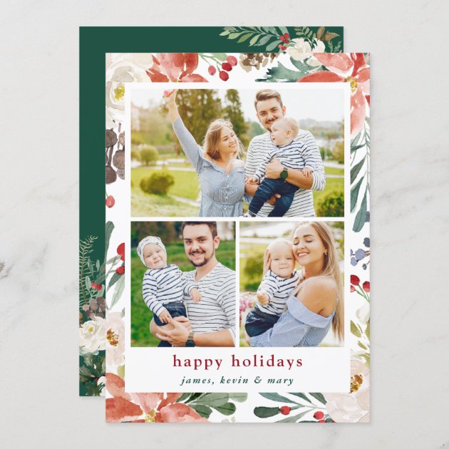 3 Photos Collage Christmas Poinsettia Ivory Floral Holiday Card