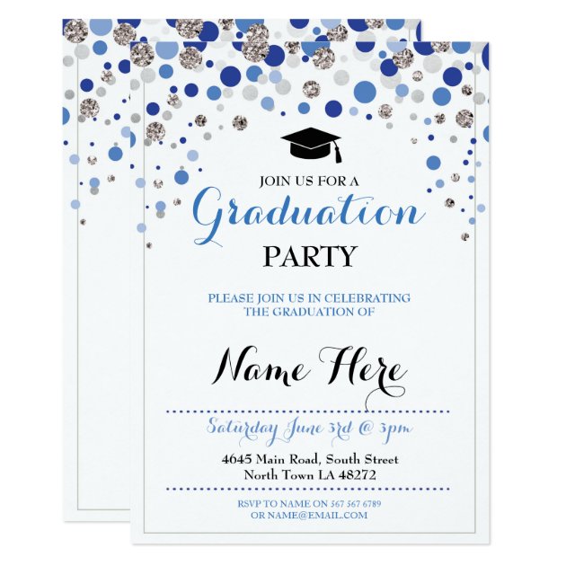 Graduation Blue Silver Party Polka Dot Invite