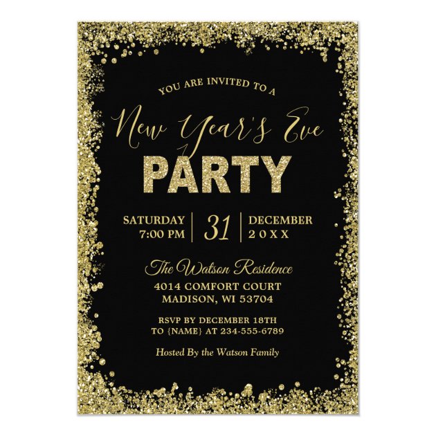 Gold Glitters Border Typography New Year's Party Card