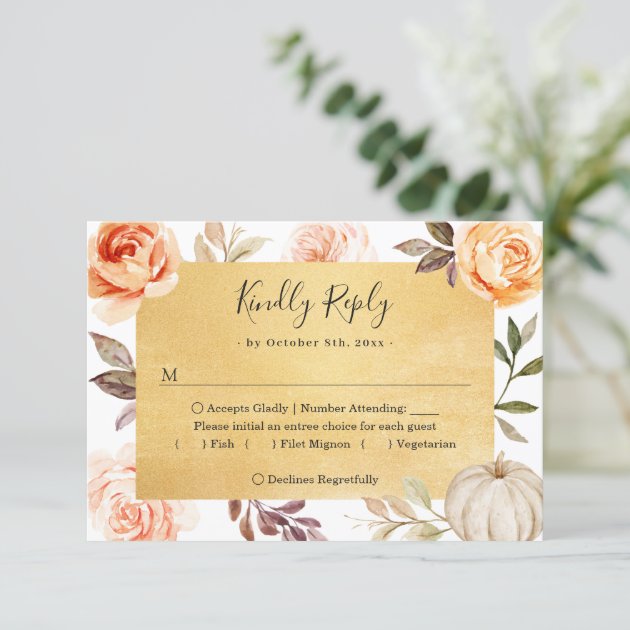 Luxury Gold Autumn Floral Leaves Wedding RSVP Card