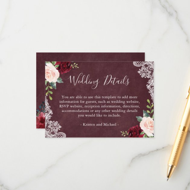 Burgundy Red Blush Floral Lace Wedding Details Enclosure Card