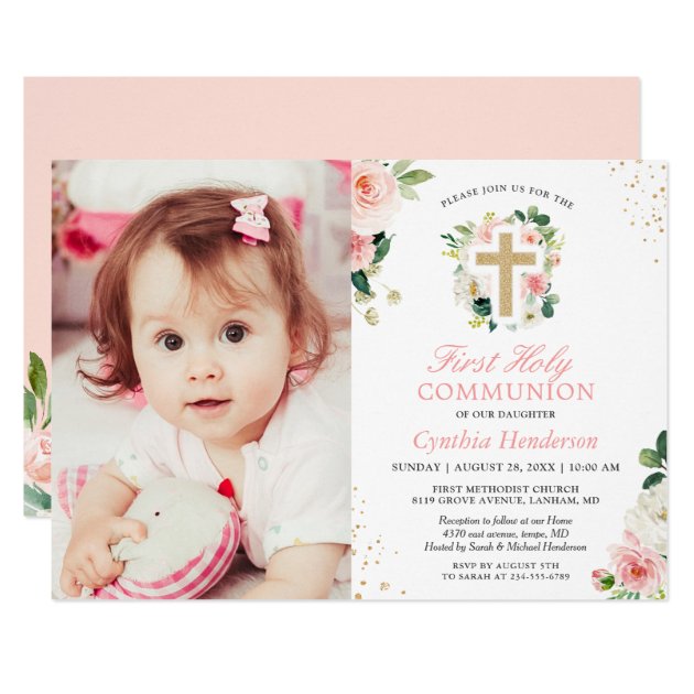 Blush Pink Floral Girl First Holy Communion Photo Invitation