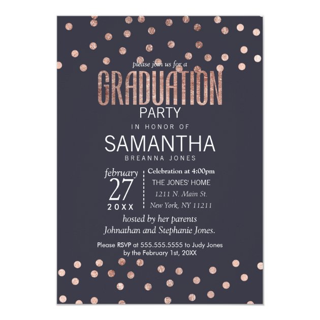 Rose Gold Polka Dots And Navy Blue Graduation Invitation