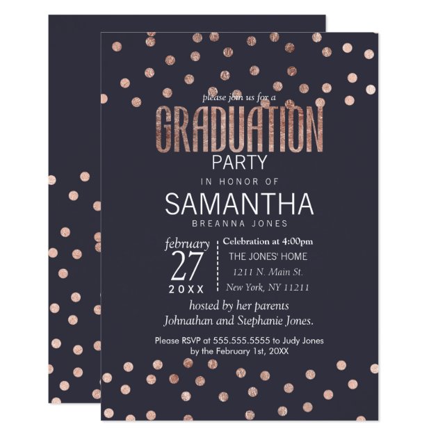 Rose Gold Polka Dots And Navy Blue Graduation Invitation