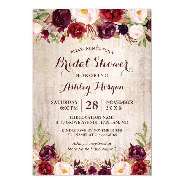 Burgundy Red Floral Rustic County Bridal Shower Invitation