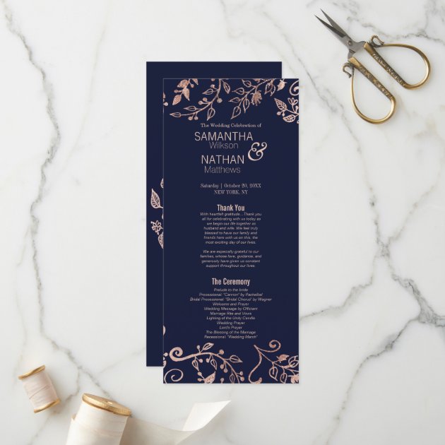 Elegant Navy Blue Rose Gold Floral Wedding Program