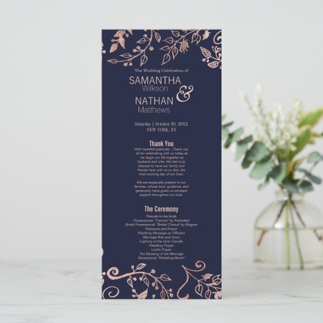 Elegant Navy Blue Rose Gold Floral Wedding Program