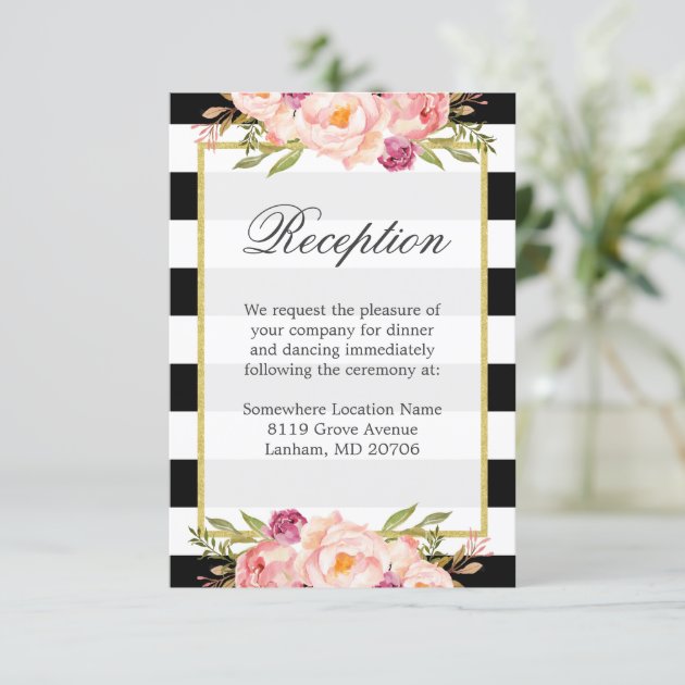 Black White Stripes Pink Floral Wedding Reception Enclosure Card