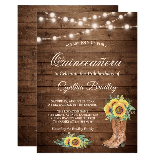 Rustic Sunflowers Boots Quinceañera 15th Birthday Invitation