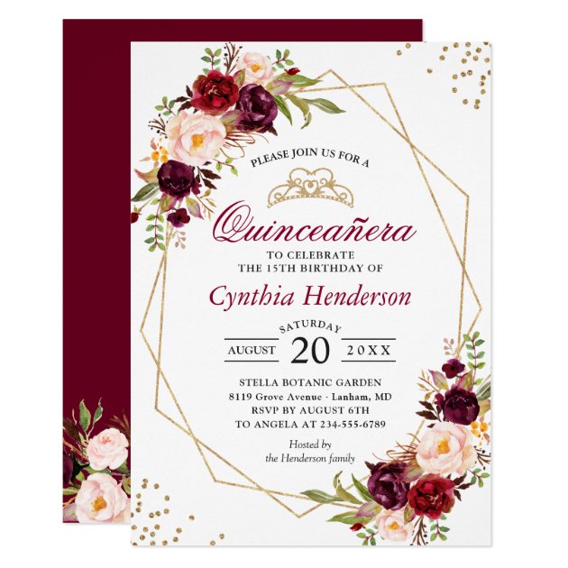 Blush Burgundy Floral Quinceañera 15th Birthday Invitation