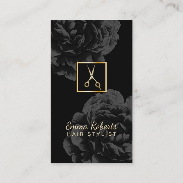 Hair Stylist Gold Scissor Logo Classy Black Floral Business Card (front side)