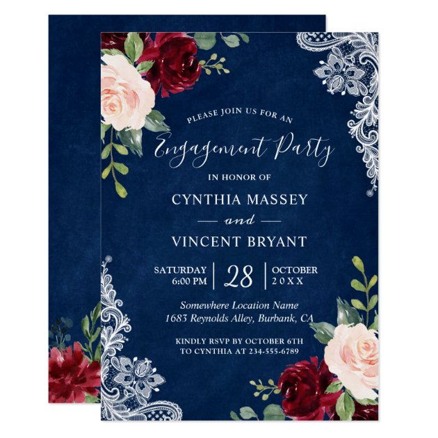 Navy Blue Red Blush Floral Lace Engagement Party Invitation