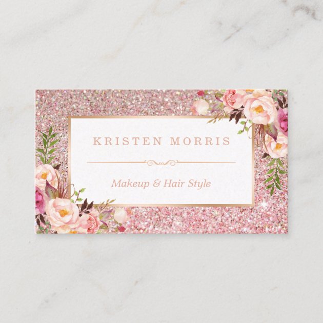 Floral Rose Gold Glitter Makeup Artist Hair Salon Business Card (front side)