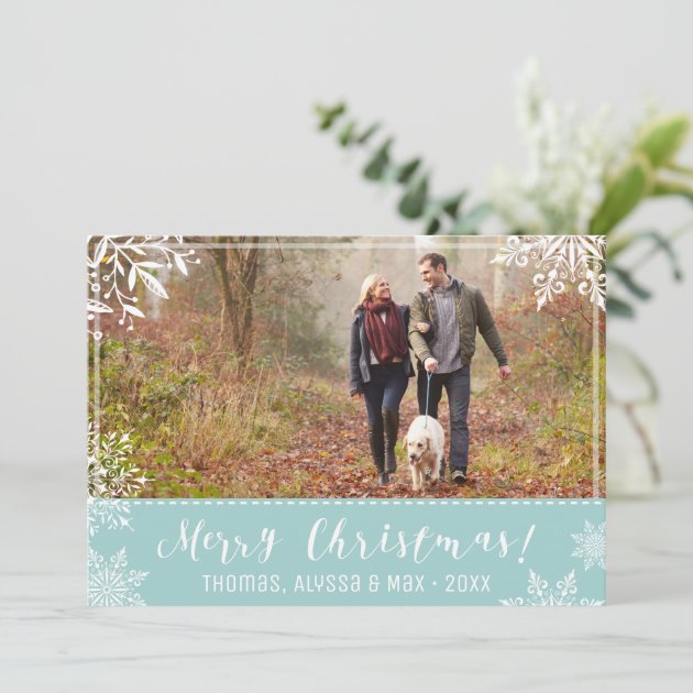 Merry Christmas Ice Blue & Snow Personalized Photo Holiday Card