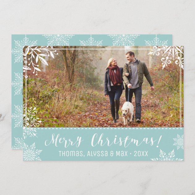 Merry Christmas Ice Blue & Snow Personalized Photo Holiday Card