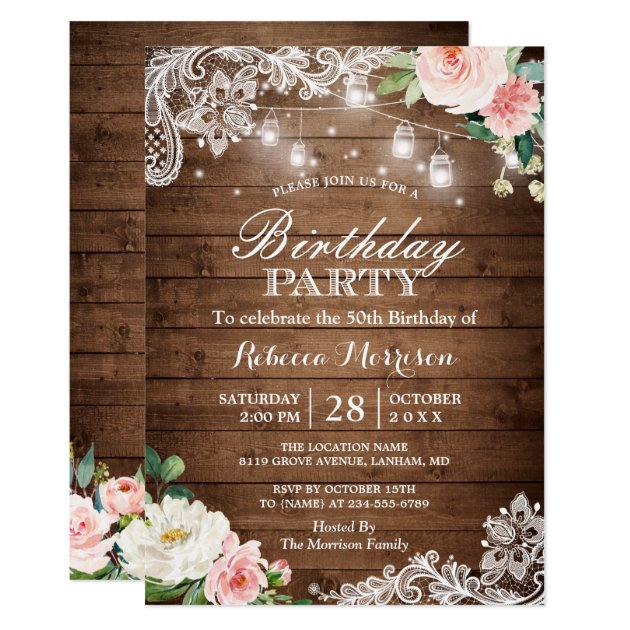Rustic Mason Jar Lights Lace Floral Birthday Party Invitation