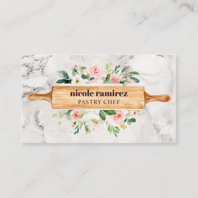 Floral Bakery Rolling Pin Patisserie white marble Business Card (front side)