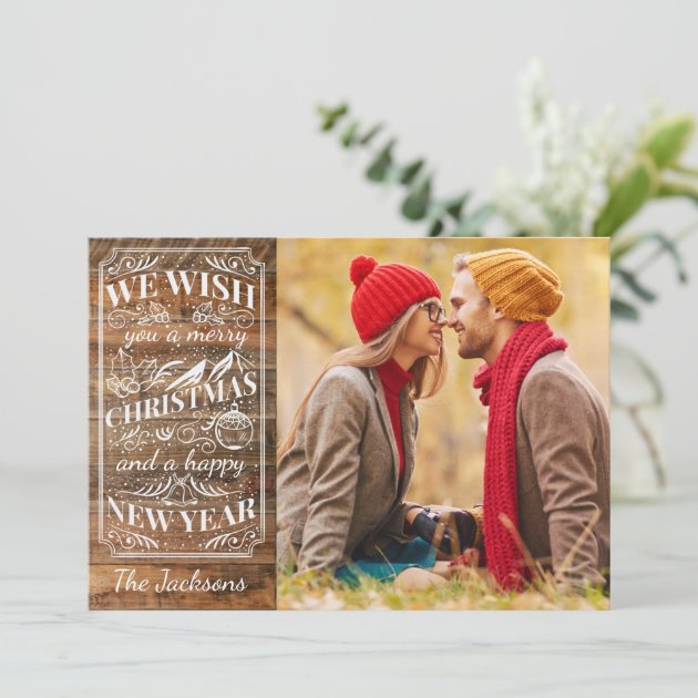 Rustic Wood Merry Christmas Typography Photo Holiday Card