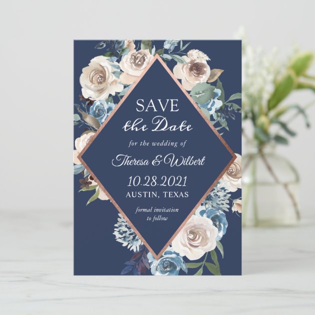 Navy Blue Neutral Rustic Floral Rose Gold Wedding Save The Date