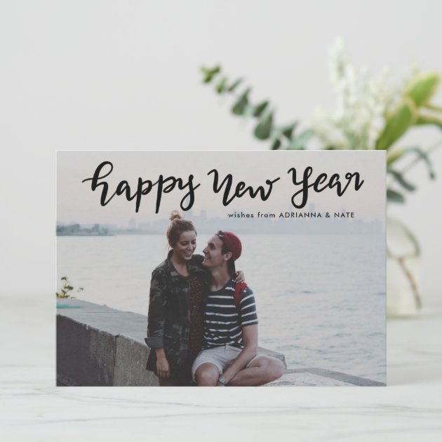 Simple Casual Happy New Year Handwritten Photo Holiday Card