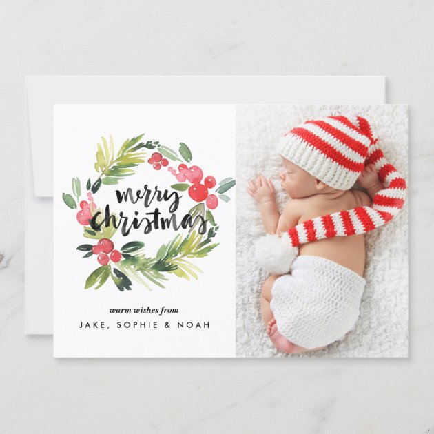 Watercolor Holly Wreath Merry Christmas Photo Card