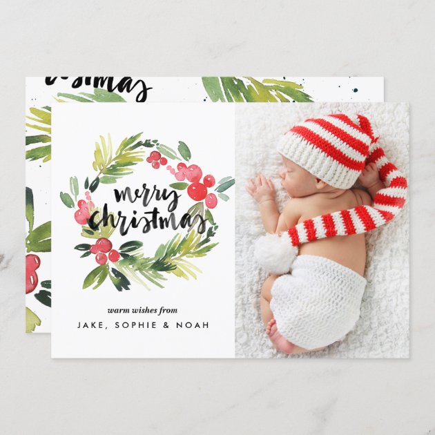 Watercolor Holly Wreath Merry Christmas Photo Card