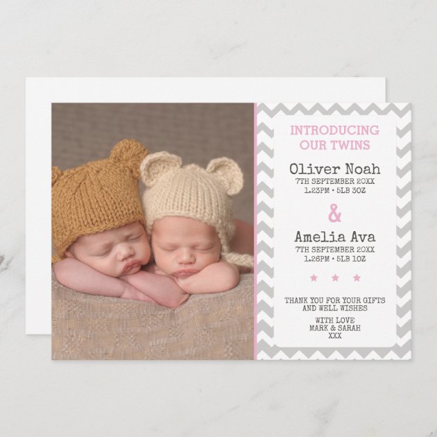 Twins Birth Announcement/thank You Card