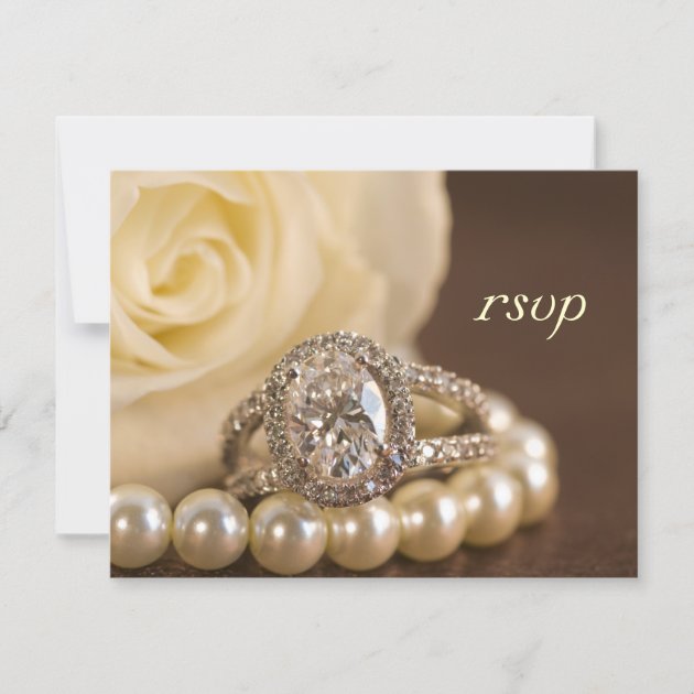 Oval Diamond Ring and White Rose Wedding RSVP Card