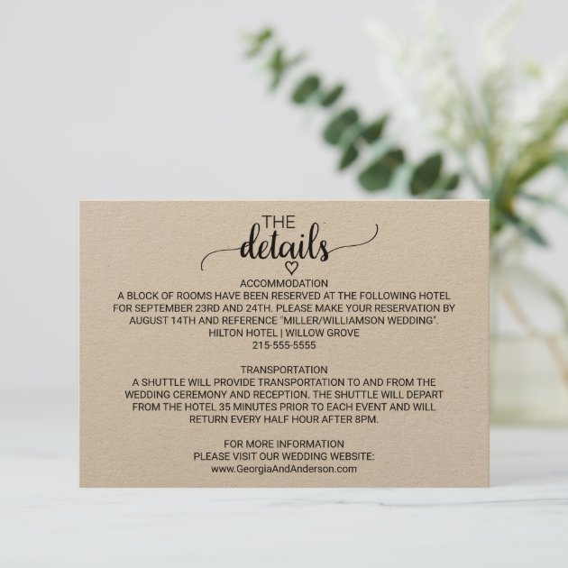 Rustic Kraft Modern Calligraphy Wedding Details Enclosure Card
