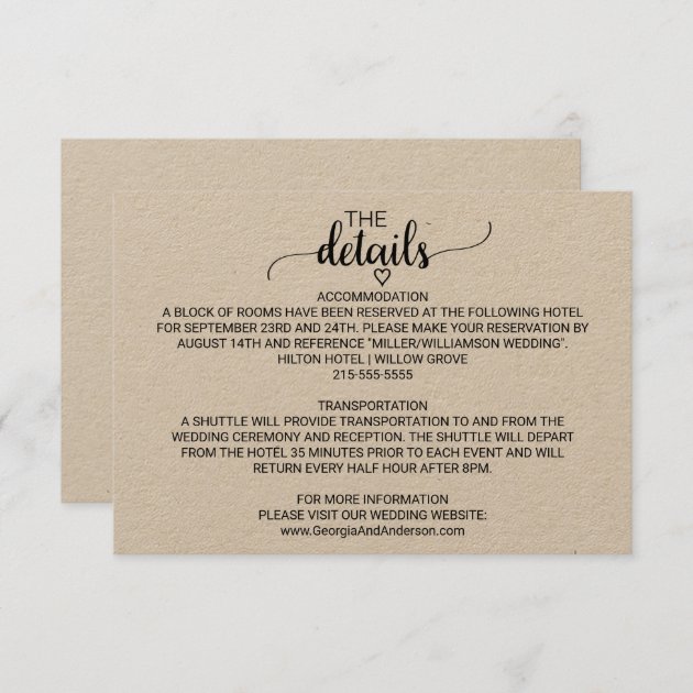 Rustic Kraft Modern Calligraphy Wedding Details Enclosure Card