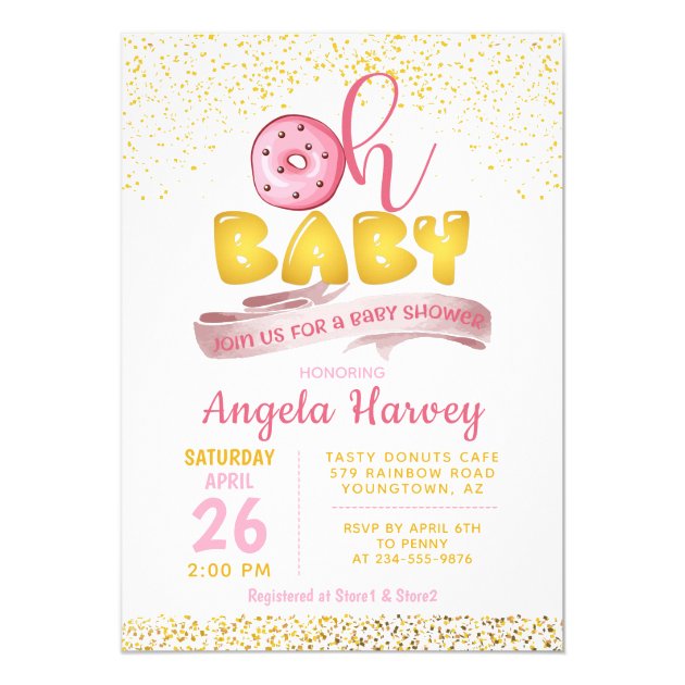 Sweet Pink & Gold Donuts Baby Shower Invitation