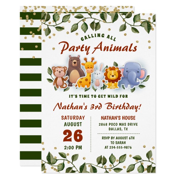 Animal Friends Zoo Party Greenery Kids Birthday Invitation