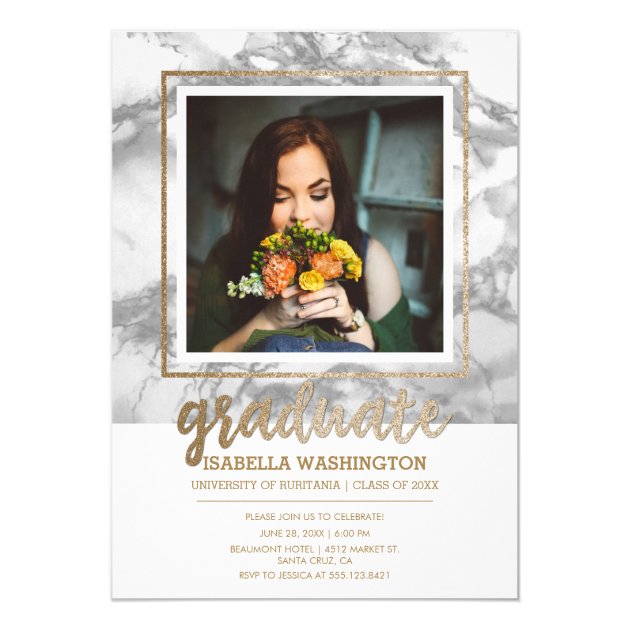 Gold Glitter Marble Script Photo Graduation Party Card