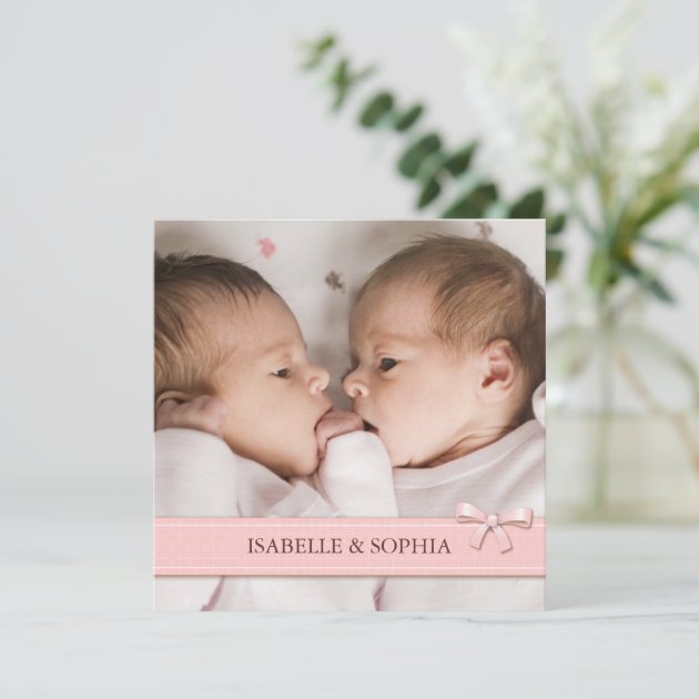 Pink Bow Twin Girls Baby Photo Birth Announcement