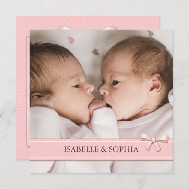 Pink Bow Twin Girls Baby Photo Birth Announcement