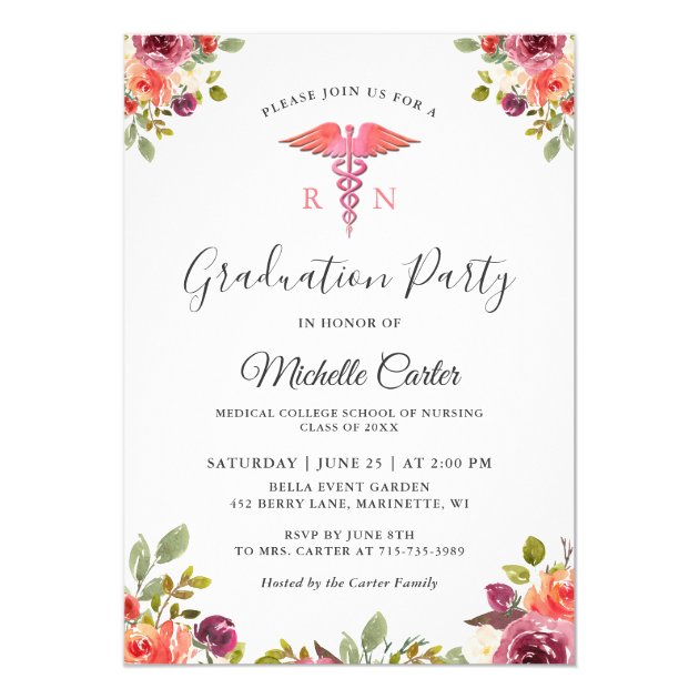 Watercolor Floral Nursing School Graduation Party Invitation