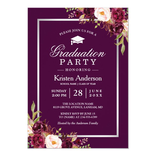 Plum Purple Rustic Floral 2018 Graduation Party Invitation