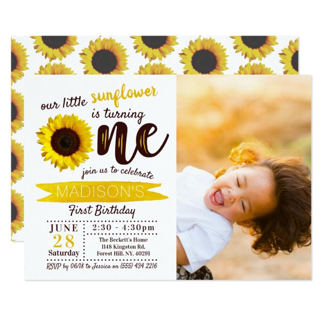Little Sunflower 1st Birthday Photo Invitation