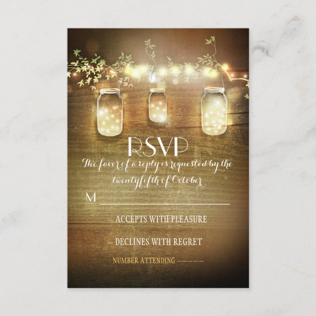 Rustic Mason Jars String Lights Wedding RSVP Cards