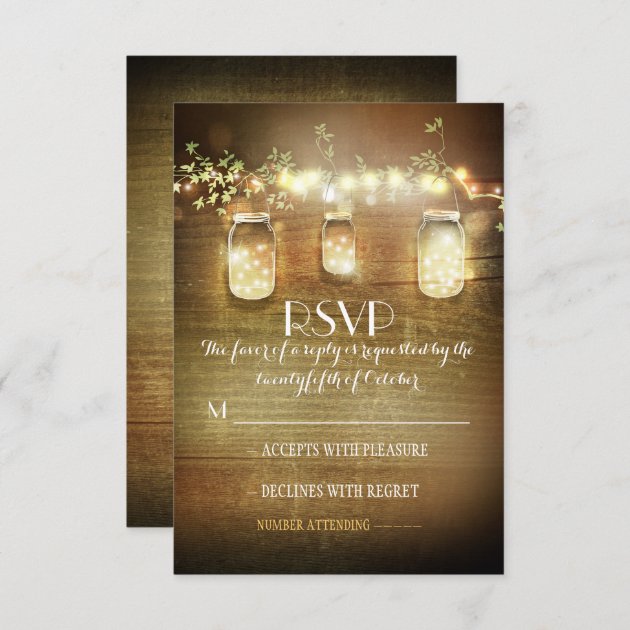 Rustic Mason Jars String Lights Wedding RSVP Cards