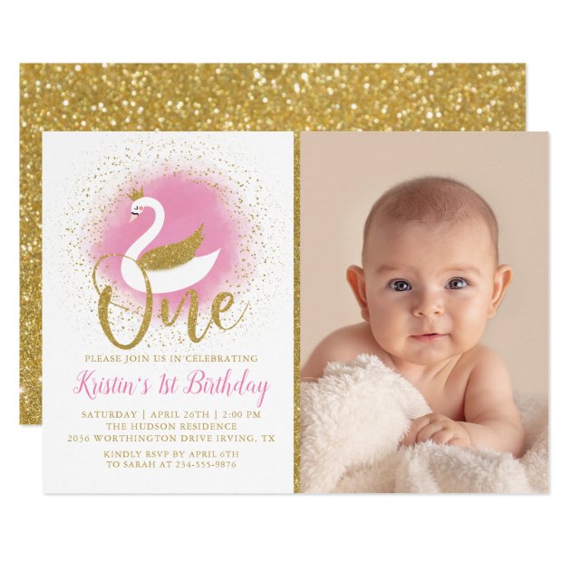 Elegant Pink Gold Swan Princess 1st Birthday Photo Invitation
