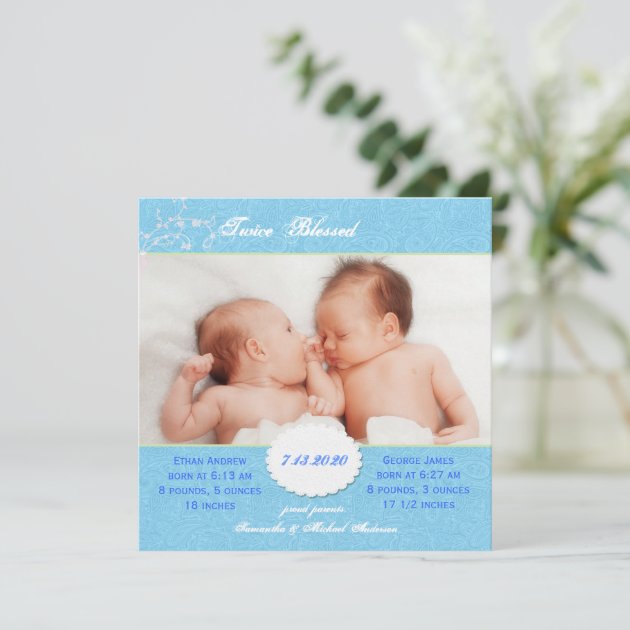 Blue Photo Birth Announcement For Twin Boys