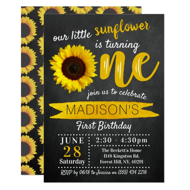 Little Sunflower Chalkboard 1st Birthday Invitation