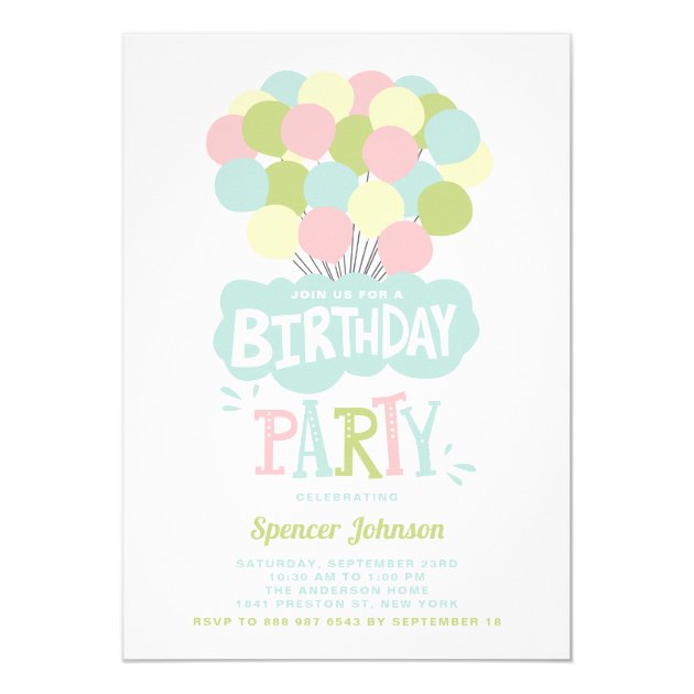 Colorful Pastel Balloons Kids Birthday Invitation