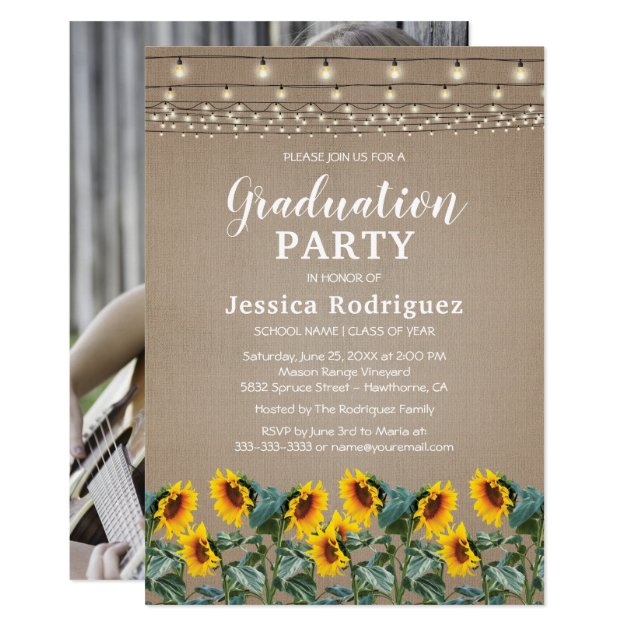 Rustic Sunflowers String Lights Graduation Party Card