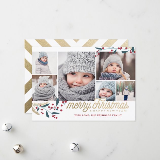 Gold Red Berries 6 Photo Collage | Merry Christmas Holiday Card