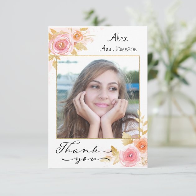 Photo Graduation Thank You With Watercolor Flowers