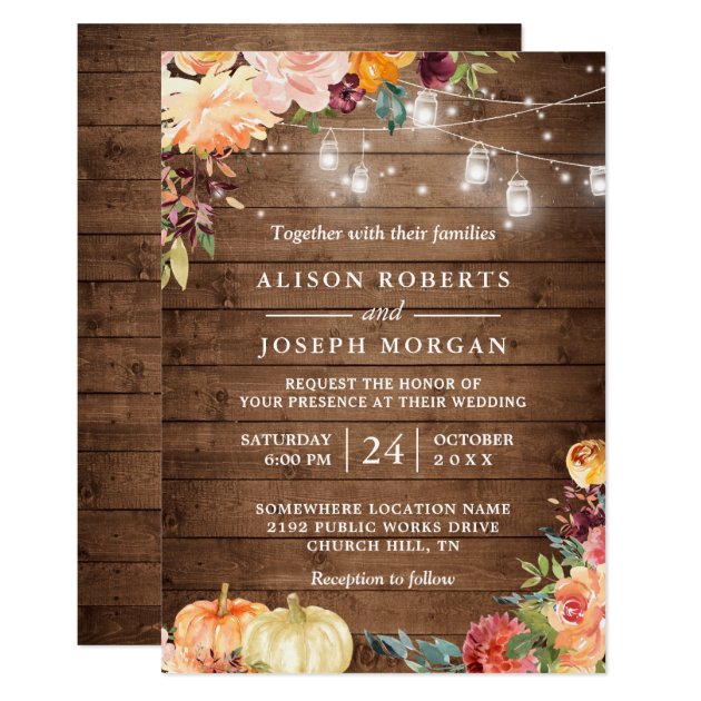 Autumn Rustic Floral Pumpkin String Lights Wedding Invitation