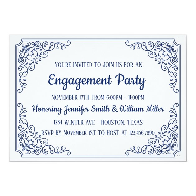 Elegant Blue Flourish Swirl Frame Engagement Party Invitation