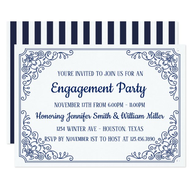 Elegant Blue Flourish Swirl Frame Engagement Party Invitation